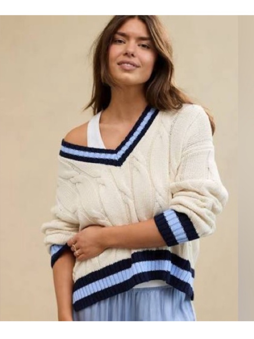 Aerie Cream Cable Knit V-Neck Sweater with Navy & Light Blue Trim